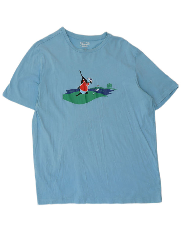 Penguin Mens Graphic T-Shirt Top Large Blue Cotton