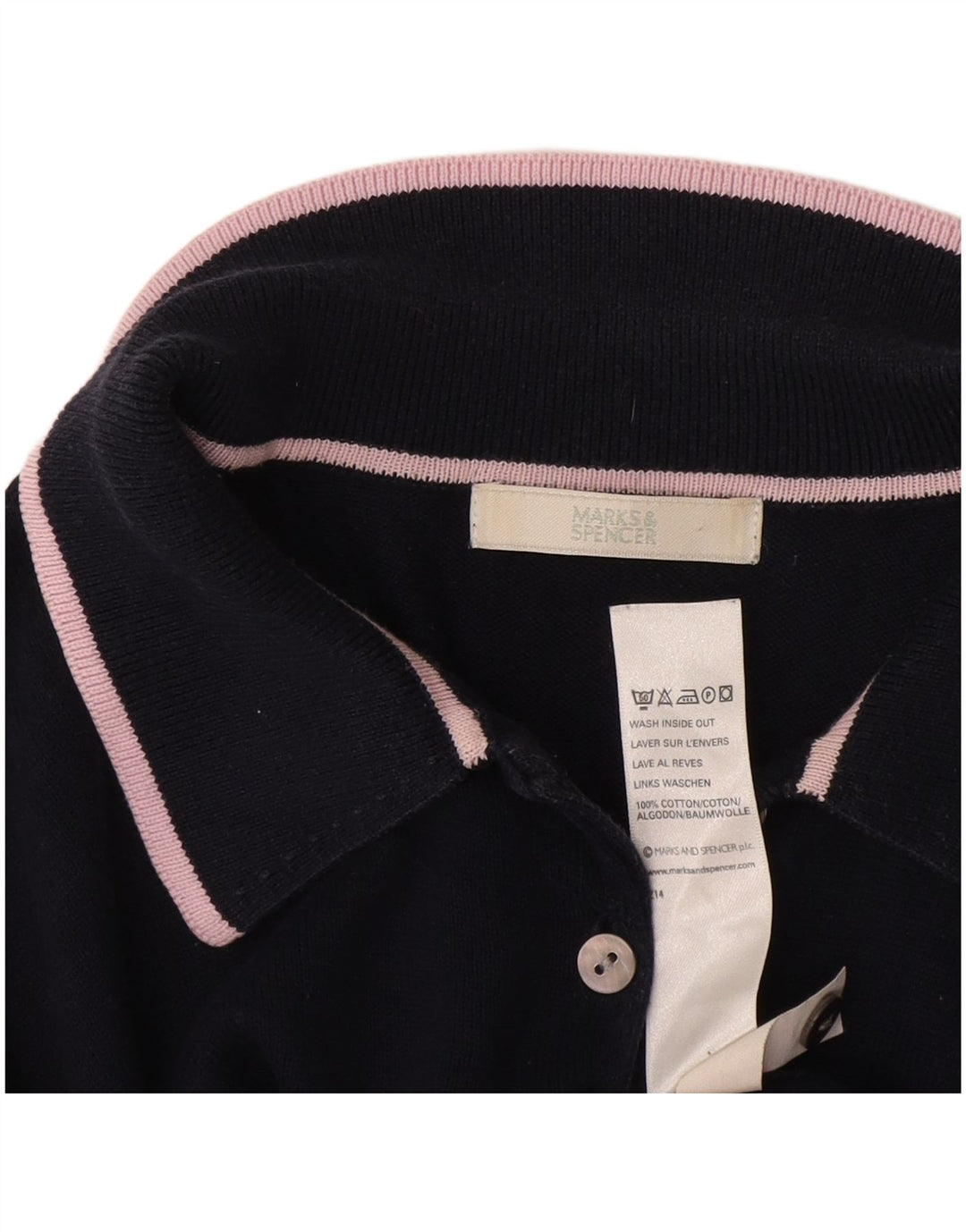 Marks & Spencer Womens Polo Shirt UK 14 Medium Navy Blue Striped Cotton