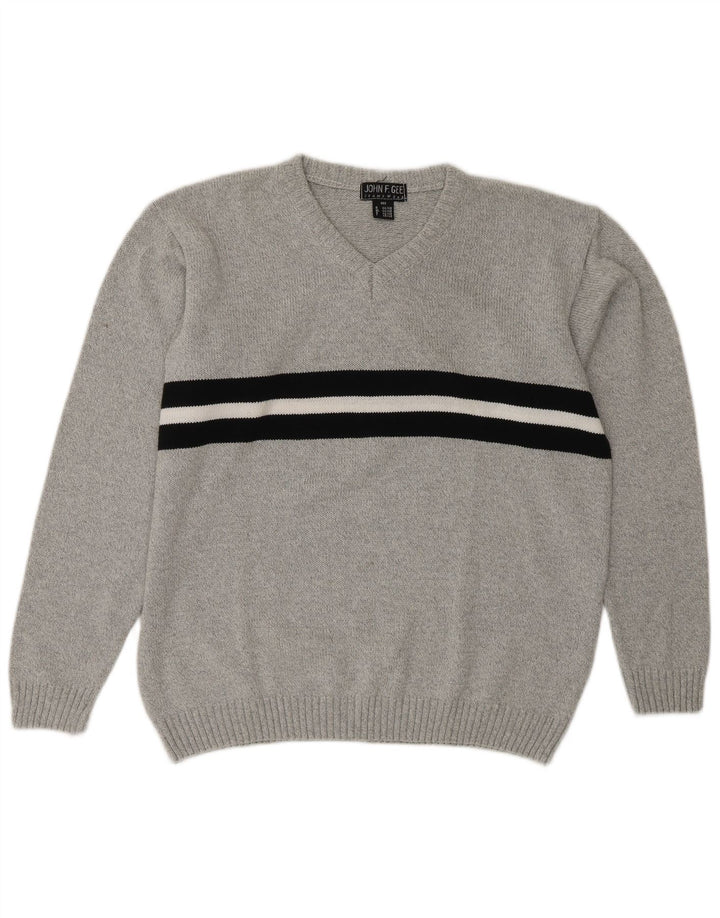 John F Gee Mens V-Neck Jumper Sweater UK 40/42 Medium Grey Colourblock