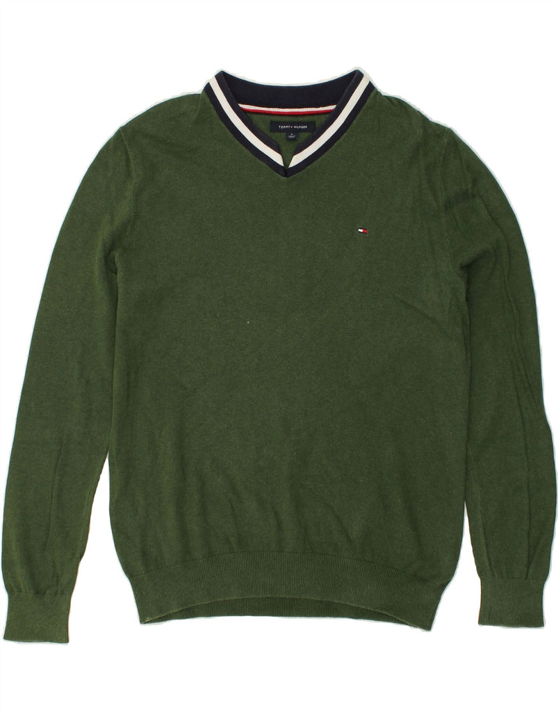 TOMMY HILFIGER Mens V-Neck Jumper Sweater Medium Green Cotton | Vintage Tommy Hilfiger | Thrift | Second-Hand Tommy Hilfiger | Used Clothing | Messina Hembry 