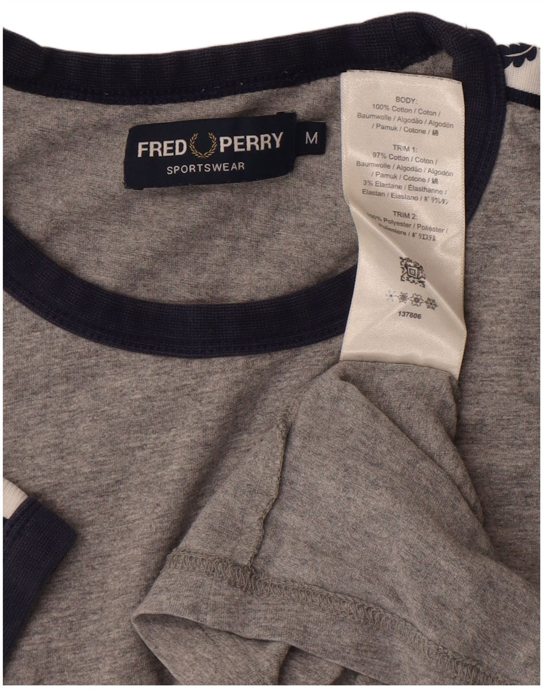 FRED PERRY Mens Graphic T-Shirt Top Medium Grey Colourblock Cotton