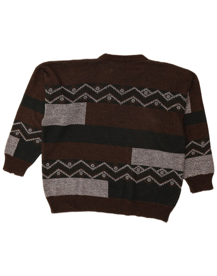 VINTAGE Mens Crew Neck Jumper Sweater XL Brown Colourblock Acrylic