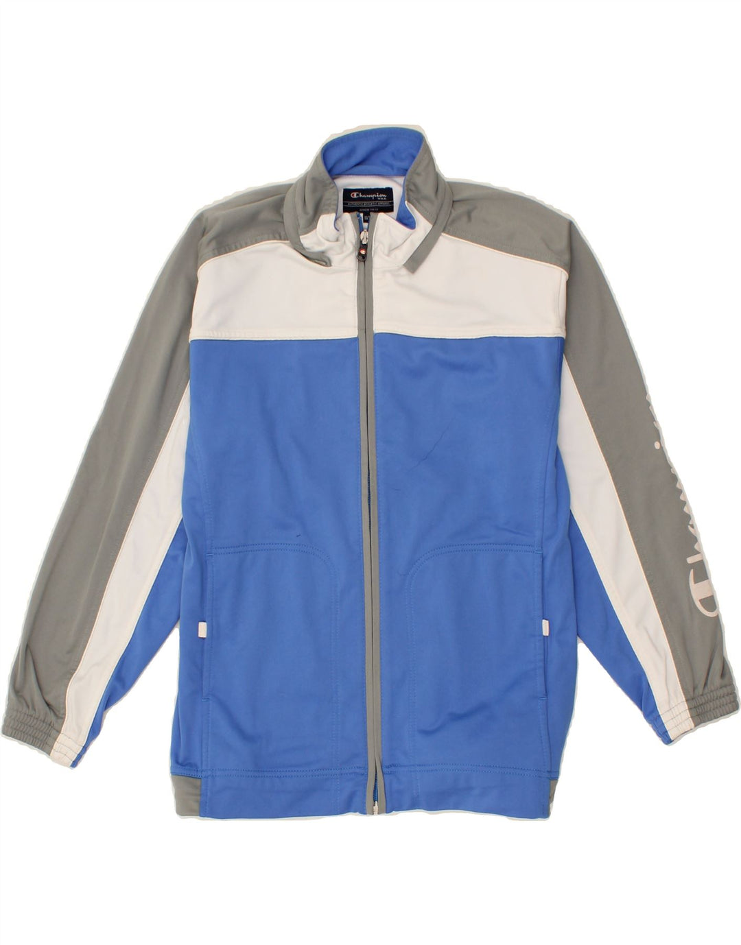 CHAMPION Boys Graphic Tracksuit Top Jacket 11-12 Years Blue Colourblock Vintage Champion and Second-Hand Champion from Messina Hembry 
