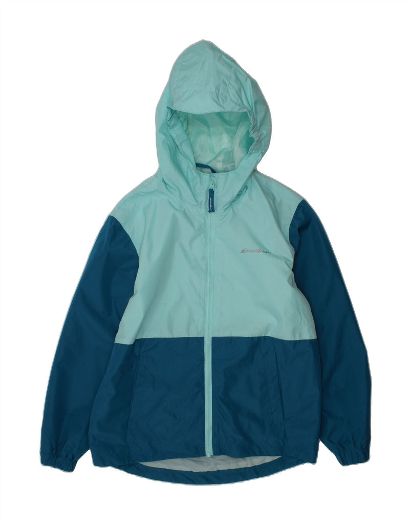 EDDIE BAUER Girls Hooded Rain Jacket 10-11 Years Medium Blue Colourblock Vintage Eddie Bauer and Second-Hand Eddie Bauer from Messina Hembry 