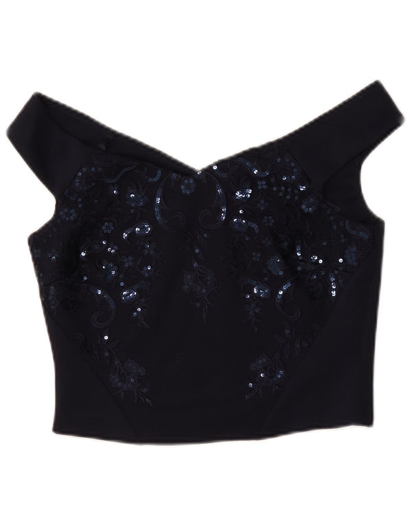 Coast Womens Crop Off Shoulder Top UK 10 Small Navy Blue Floral Polyester