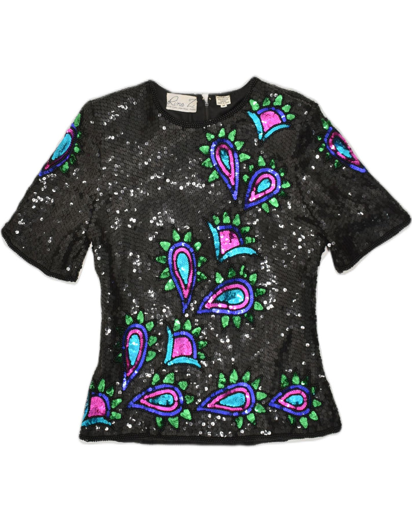 RINA Z Womens Evening Short Sleeve Sequin Blouse Top UK 14 Medium Black | Vintage Rina Z | Thrift | Second-Hand Rina Z | Used Clothing | Messina Hembry 