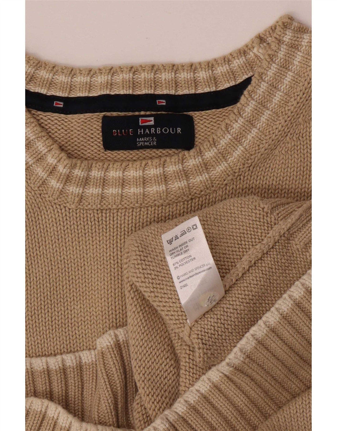 Marks & Spencer Mens Blue Harbour Crew Neck Jumper Sweater Large Beige
