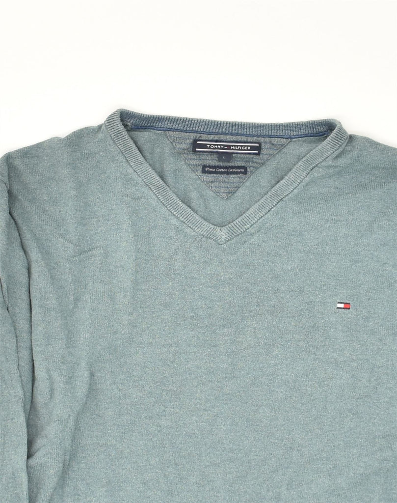 TOMMY HILFIGER Mens V-Neck Jumper Sweater Large Blue Cotton | Vintage Tommy Hilfiger | Thrift | Second-Hand Tommy Hilfiger | Used Clothing | Messina Hembry 