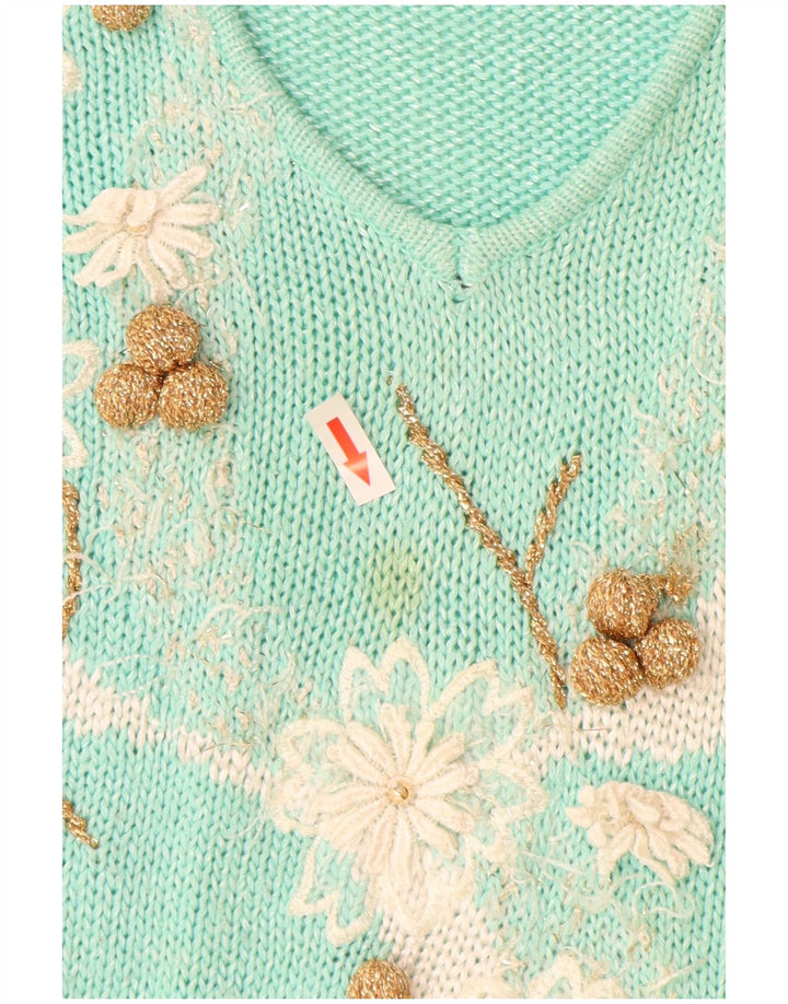 Vintage Womens V-Neck Jumper Sweater IT 44 Medium Turquoise Polyacrylic