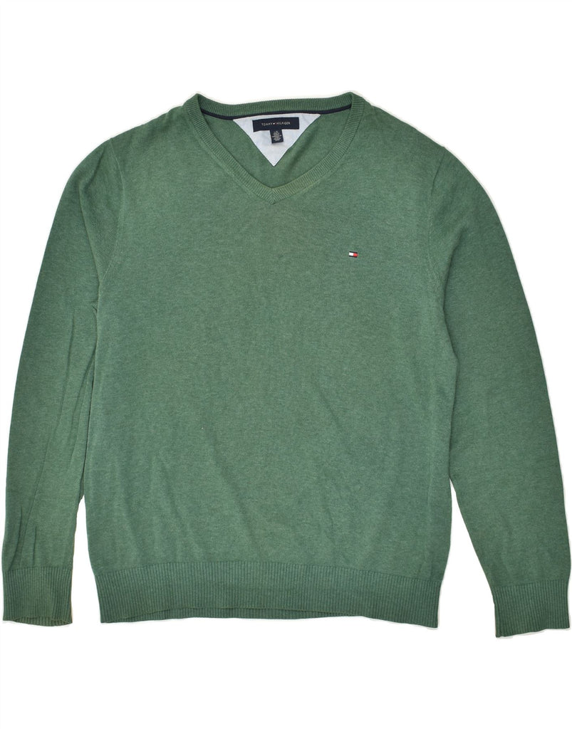 TOMMY HILFIGER Mens V-Neck Jumper Sweater Large Green Cotton | Vintage Tommy Hilfiger | Thrift | Second-Hand Tommy Hilfiger | Used Clothing | Messina Hembry 