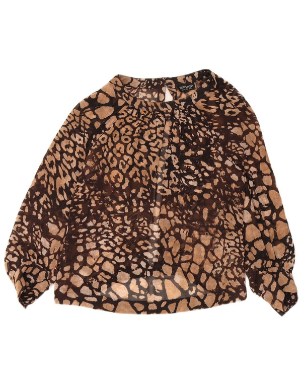Topshop Womens Crop 3/4 Sleeve Shirt Blouse UK 14 Large Brown Animal Print