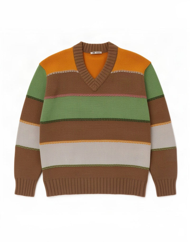 Zara Mens V-Neck Jumper Sweater Medium Multicoloured Striped Cotton