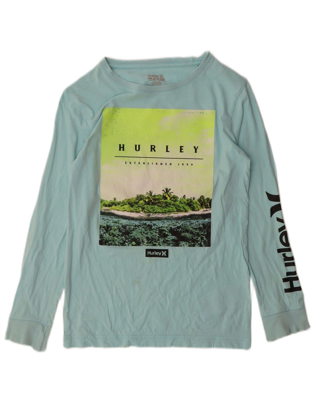 HURLEY Boys Graphic Top Long Sleeve 10-11 Years Medium  Turquoise Cotton