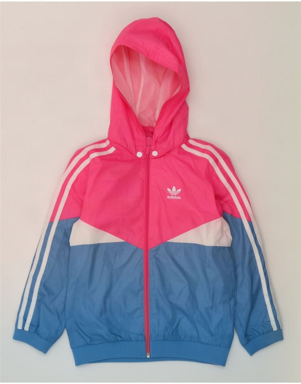 Adidas Girls Hooded Tracksuit Top Jacket 6-7 Years Pink Colourblock