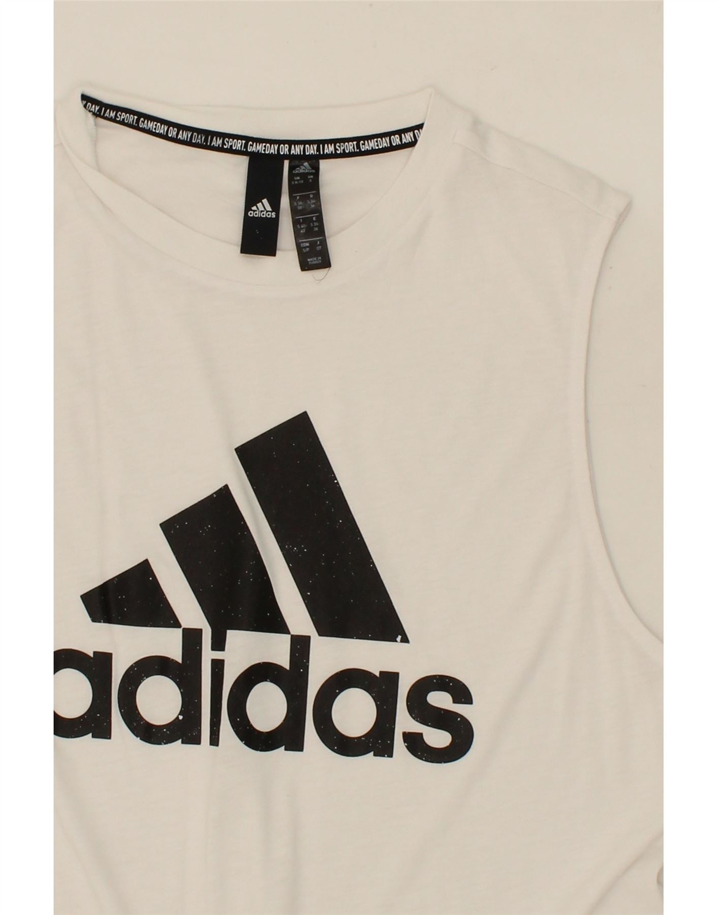 ADIDAS Womens Longline Graphic Vest Top UK 8 10 Small White Cotton Vintage Second Hand Clothing Online Messina Hembry