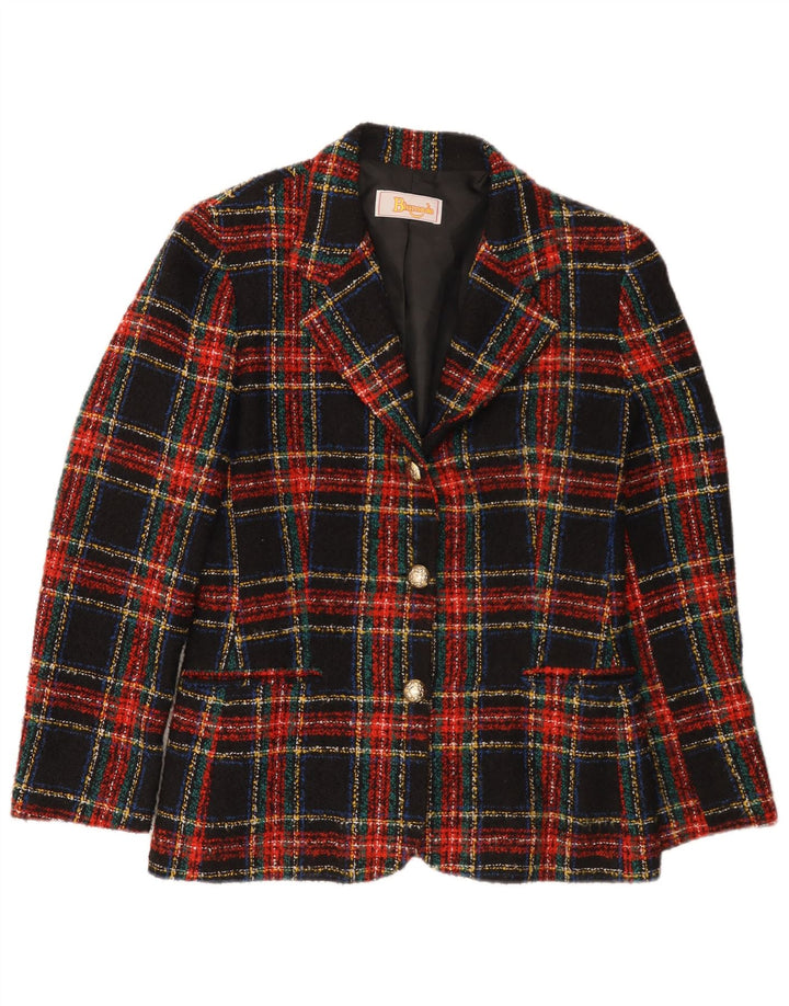 Blumode Womens 3 Button Blazer Jacket UK 8 Small Black Plaid Wool