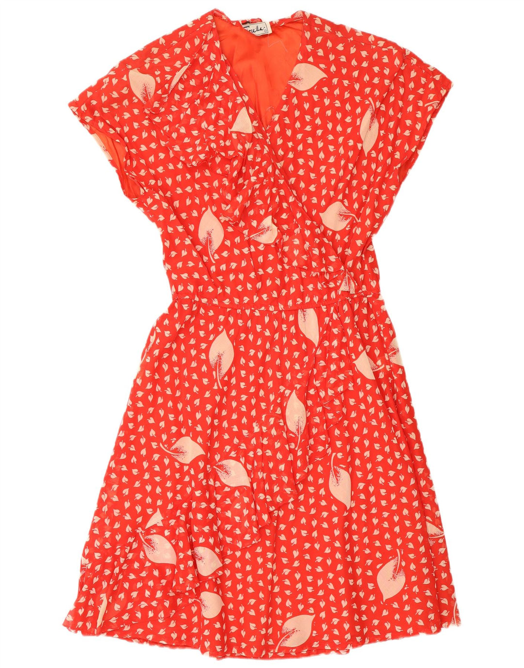 Vintage Womens Ruffle Front A-Line Dress ITB 44 Medium Red Floral Retro