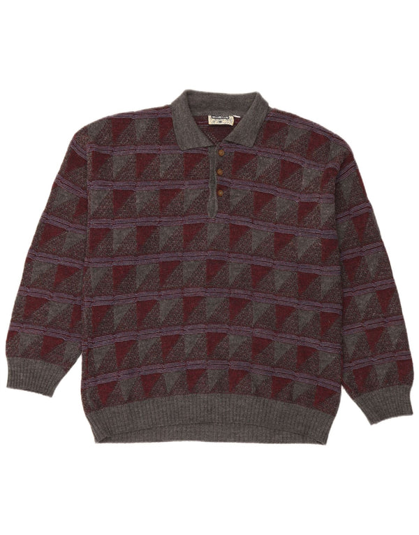 Vintage Mens Polo Neck Jumper Sweater Large Grey Geometric Wool