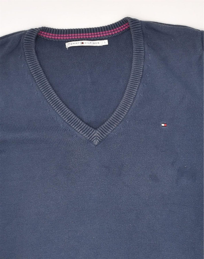 TOMMY HILFIGER Womens V-Neck Jumper Sweater UK 14 Large Navy Blue Cotton | Vintage Tommy Hilfiger | Thrift | Second-Hand Tommy Hilfiger | Used Clothing | Messina Hembry 