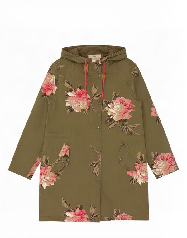 Joules Womens Hooded Raincoat UK 12 Medium Khaki Floral Cotton