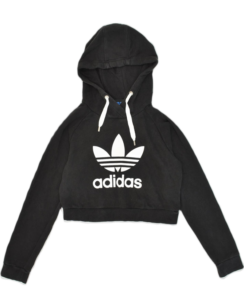 ADIDAS Womens Crop Graphic Hoodie Jumper UK 10 Small Black Cotton | Vintage Adidas | Thrift | Second-Hand Adidas | Used Clothing | Messina Hembry 