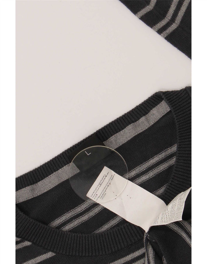 Hugo Boss Mens Crew Neck Jumper Sweater Large Grey Striped Cotton