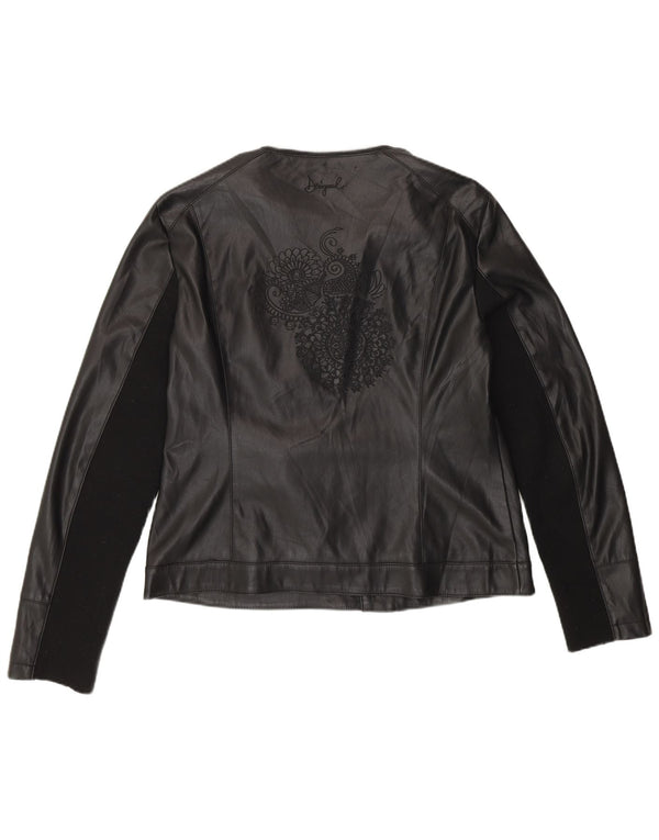 Desigual Womens Faux Leather Biker Jacket EU 46 XL Black Polyurethane
