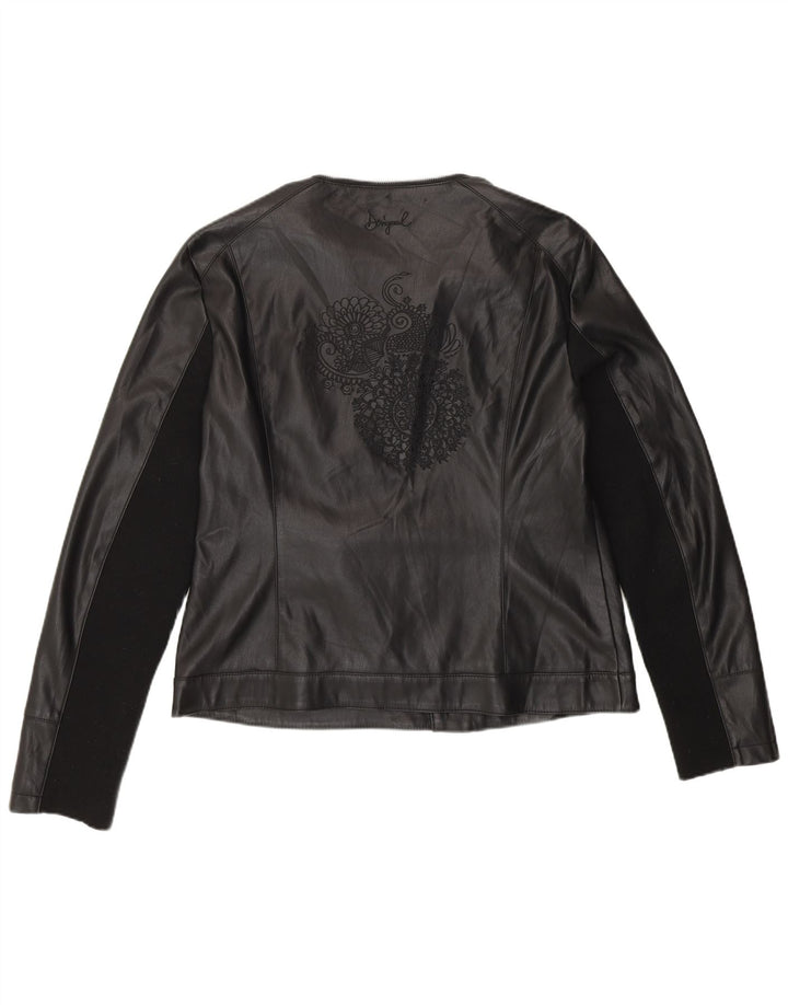 Desigual Womens Faux Leather Biker Jacket EU 46 XL Black Polyurethane