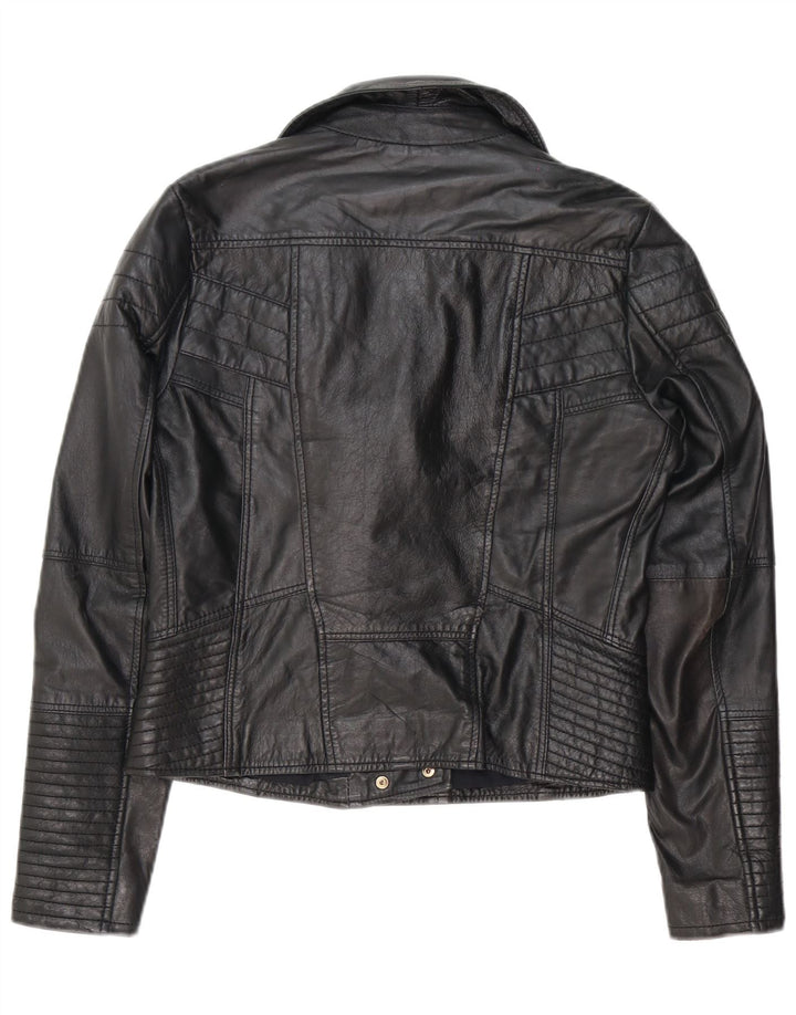 River Island Womens Leather Biker Jacket UK 12 Medium Black