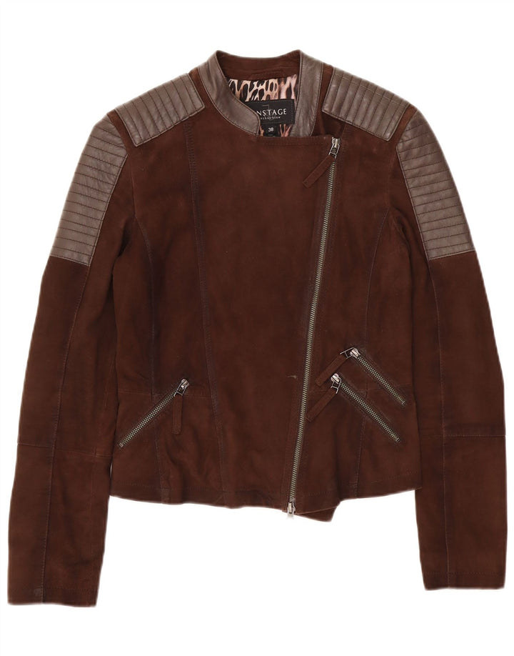 On Stage Womens Leather Biker Jacket IT 38 XS Brown Colourblock Leather