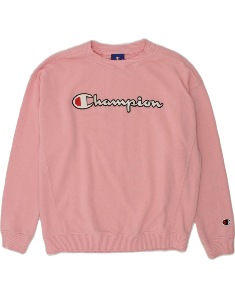 CHAMPION Girls Graphic Sweatshirt Jumper 9-10 Years Medium Pink Cotton | Vintage Champion | Thrift | Second-Hand Champion | Used Clothing | Messina Hembry 