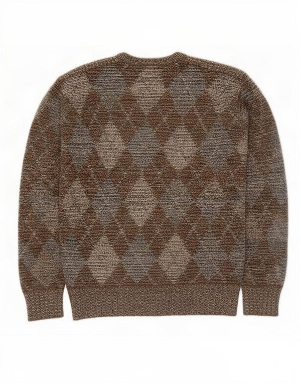 Vintage Mens Crew Neck Jumper Sweater Medium Khaki Argyle/Diamond Wool
