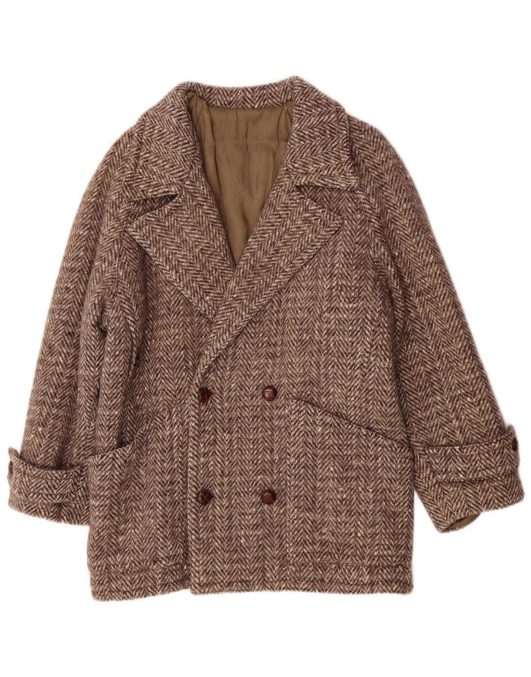 Vintage Mens Pea Coat UK 36 Small Brown Herringbone