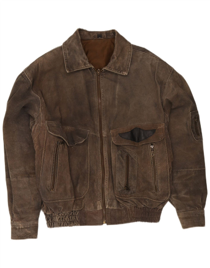 Front Line Mens Leather Jacket IT 48 Medium Khaki