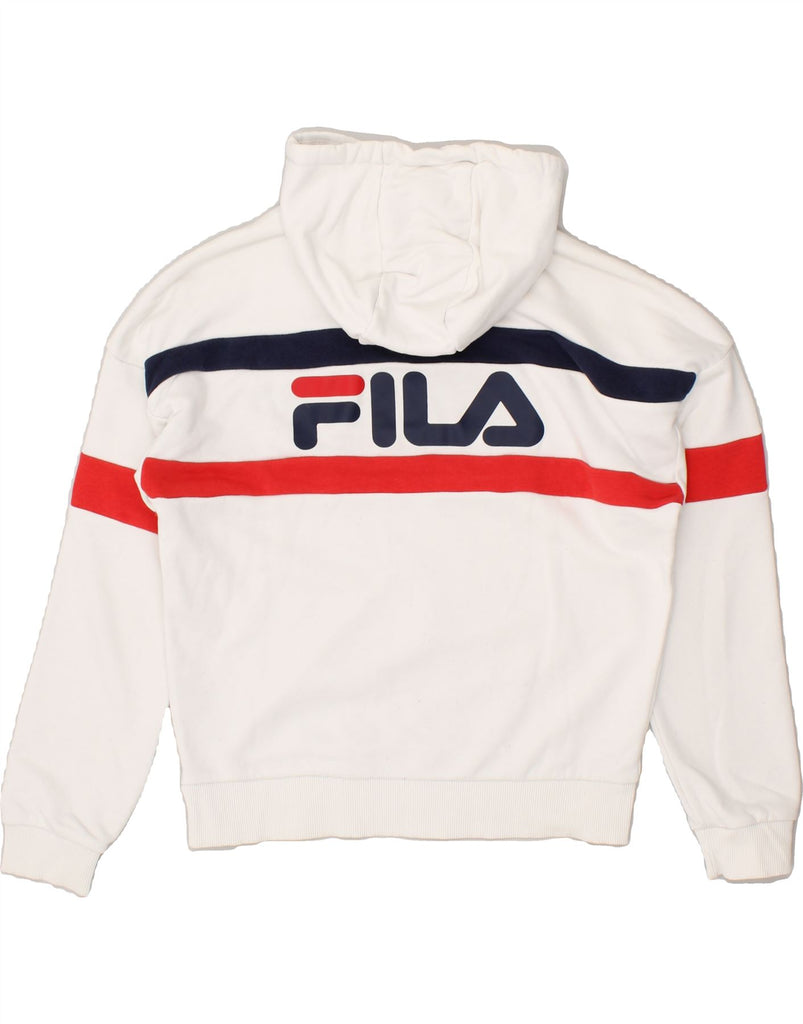 FILA Womens Oversized Graphic Hoodie Jumper UK 10 Small White Striped | Vintage Fila | Thrift | Second-Hand Fila | Used Clothing | Messina Hembry 