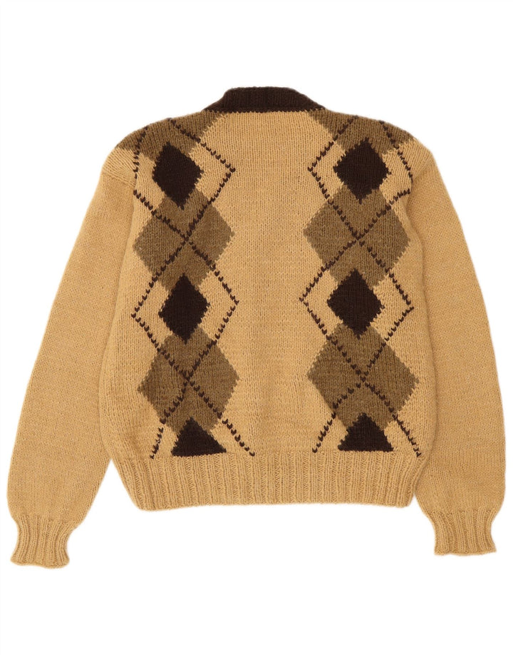 Vintage Womens Cardigan Sweater UK 14 Medium Beige Argyle/Diamond