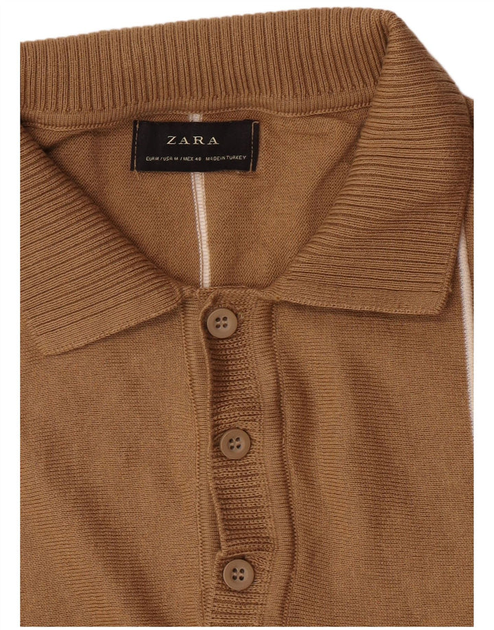 Zara Mens Short Sleeve Polo Neck Jumper Sweater Medium Brown Striped