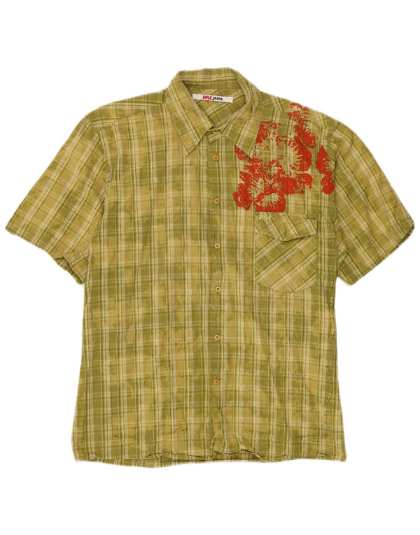 Rifle Mens Acid Wash Short Sleeve Shirt Large Green Plaid Cotton