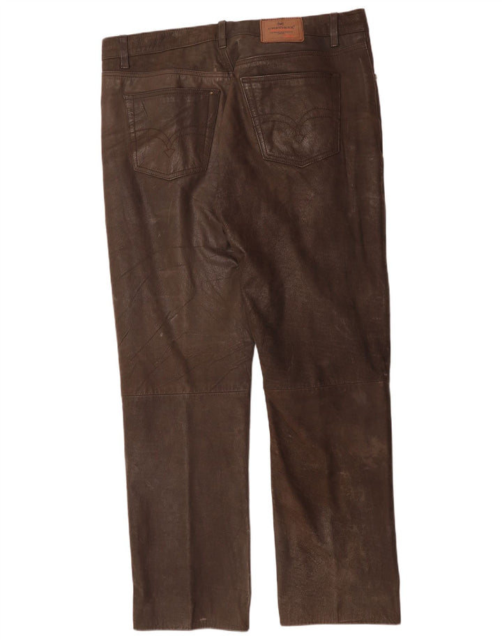 CHEVIREX Mens Straight Leather Trousers W40 L33 Brown Leather