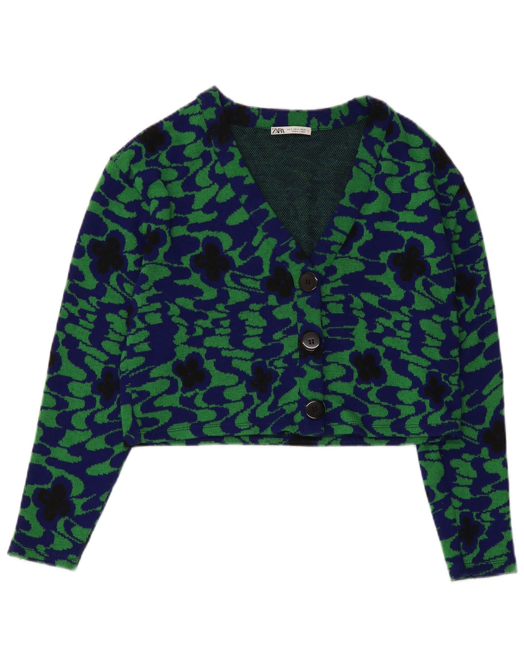 Zara Womens Crop 3 Button Blazer Jacket UK 10 Small Green Floral Polyester
