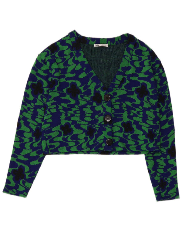 Zara Womens Crop 3 Button Blazer Jacket UK 10 Small Green Floral Polyester