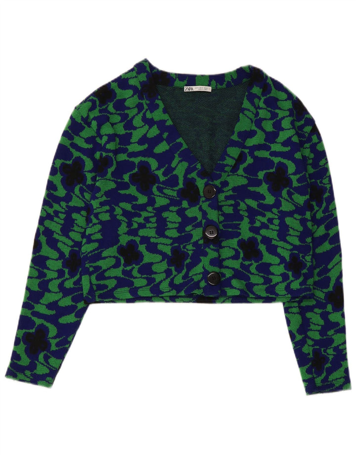 Zara Womens Crop 3 Button Blazer Jacket UK 10 Small Green Floral Polyester
