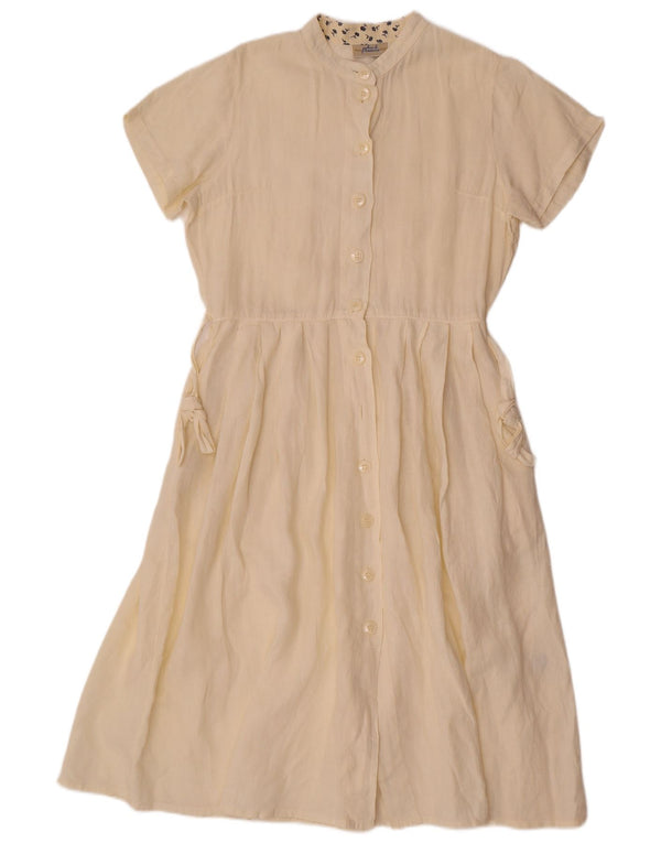 Vintage Womens Short Sleeves Shirt Dress UK 10 Small Off White Linen