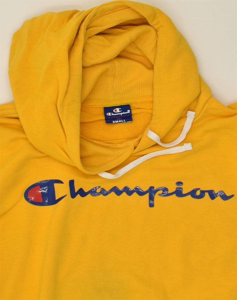 CHAMPION Mens Graphic Hoodie Jumper Small Yellow Cotton | Vintage Champion | Thrift | Second-Hand Champion | Used Clothing | Messina Hembry 