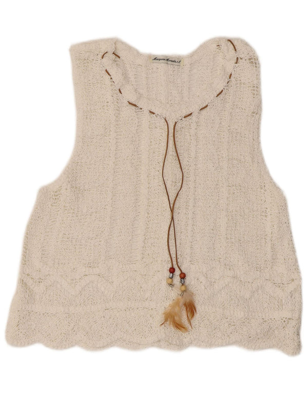 Vintage Womens Sleeveless Crochet Blouse Top UK 12 Medium White Cotton