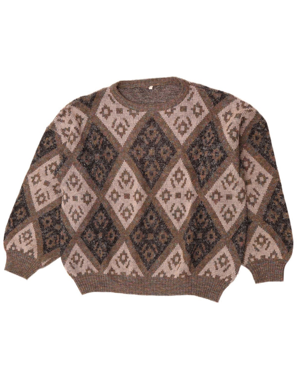 Vintage Womens Boat Neck Jumper Sweater UK 16 Large Brown Argyle/Diamond