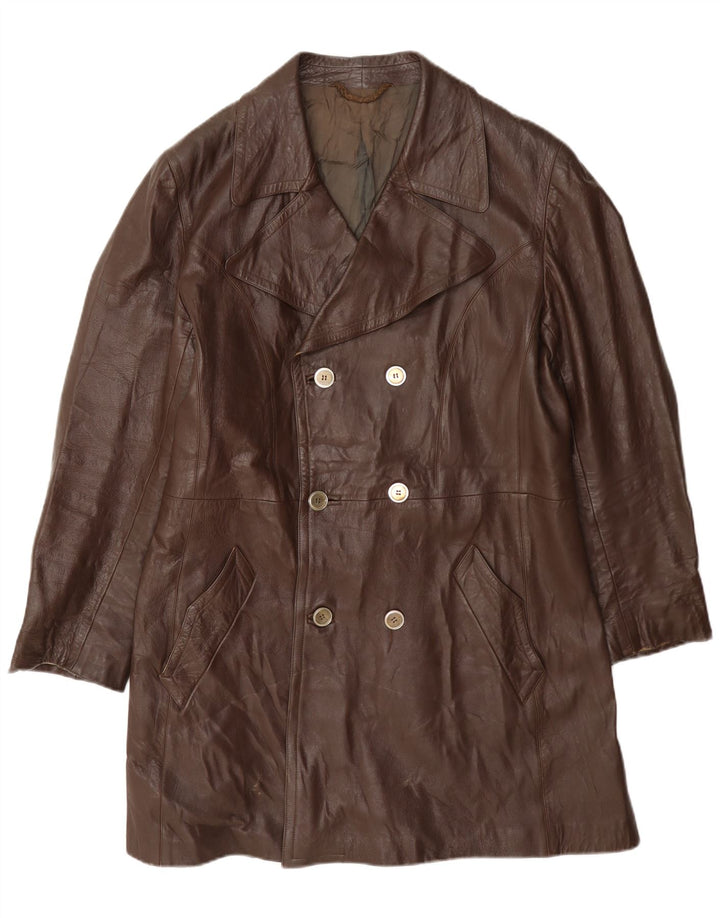Vintage Mens Double Breasted Leather Coat UK 36 Small Burgundy