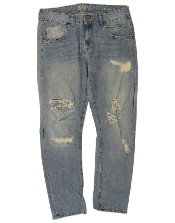 Zara Mens Distressed Straight Jeans EU 38 Small W34 L28 Blue Cotton