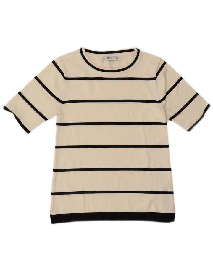 Zara Womens T-Shirt Top UK 12 Medium White Striped Viscose