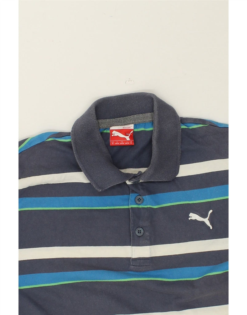 PUMA Mens Polo Shirt Medium Navy Blue Striped Cotton | Vintage Puma | Thrift | Second-Hand Puma | Used Clothing | Messina Hembry 